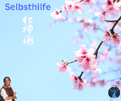 Kirschblüten vor blauem Himmel, Kanji Jin Shin Jyutsu in weiß, blauer Schriftzug Selbsthilfe